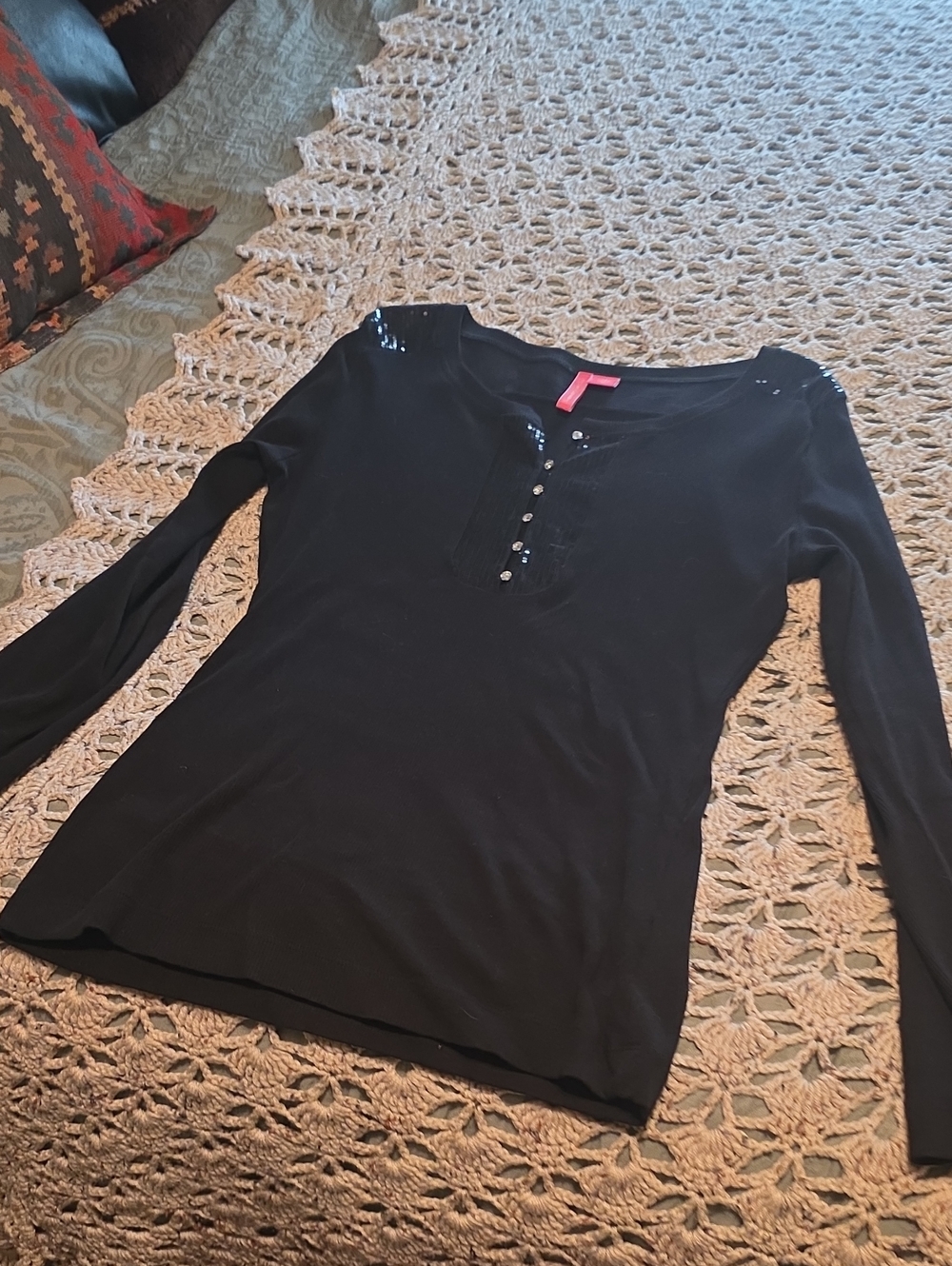 Charlotte Black Long-Sleeve Henley Top with Sequin Detail
